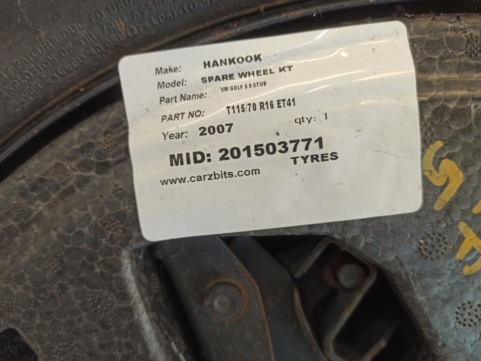 2007 VW Golf 16 Inch Spare wheel And Jack Kit T125/70D16 96M - Image 6