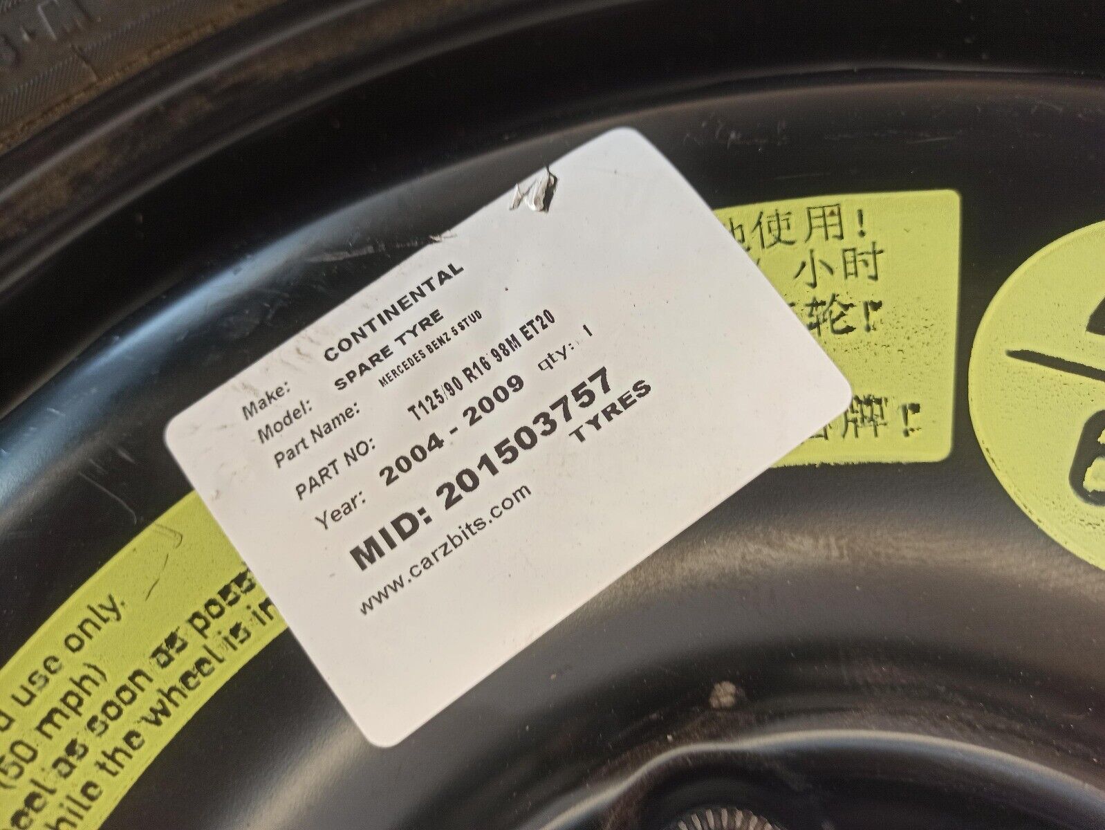 2009 Mercedes Benz C Class W204 16 Inch Spare wheel T125/90R16 98M - Image 4