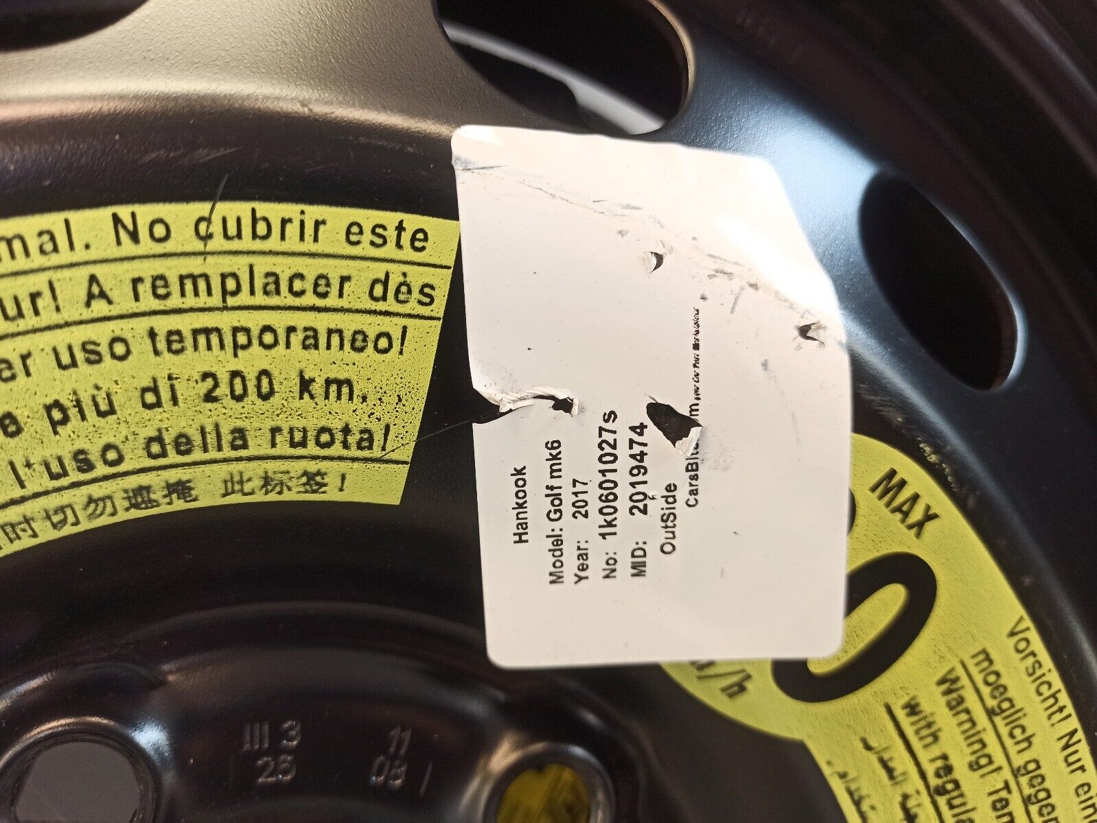 2012-2017 VW Golf MK6 16 Inch Spare wheel And Jack Kit T125/70D16 96M - Image 9