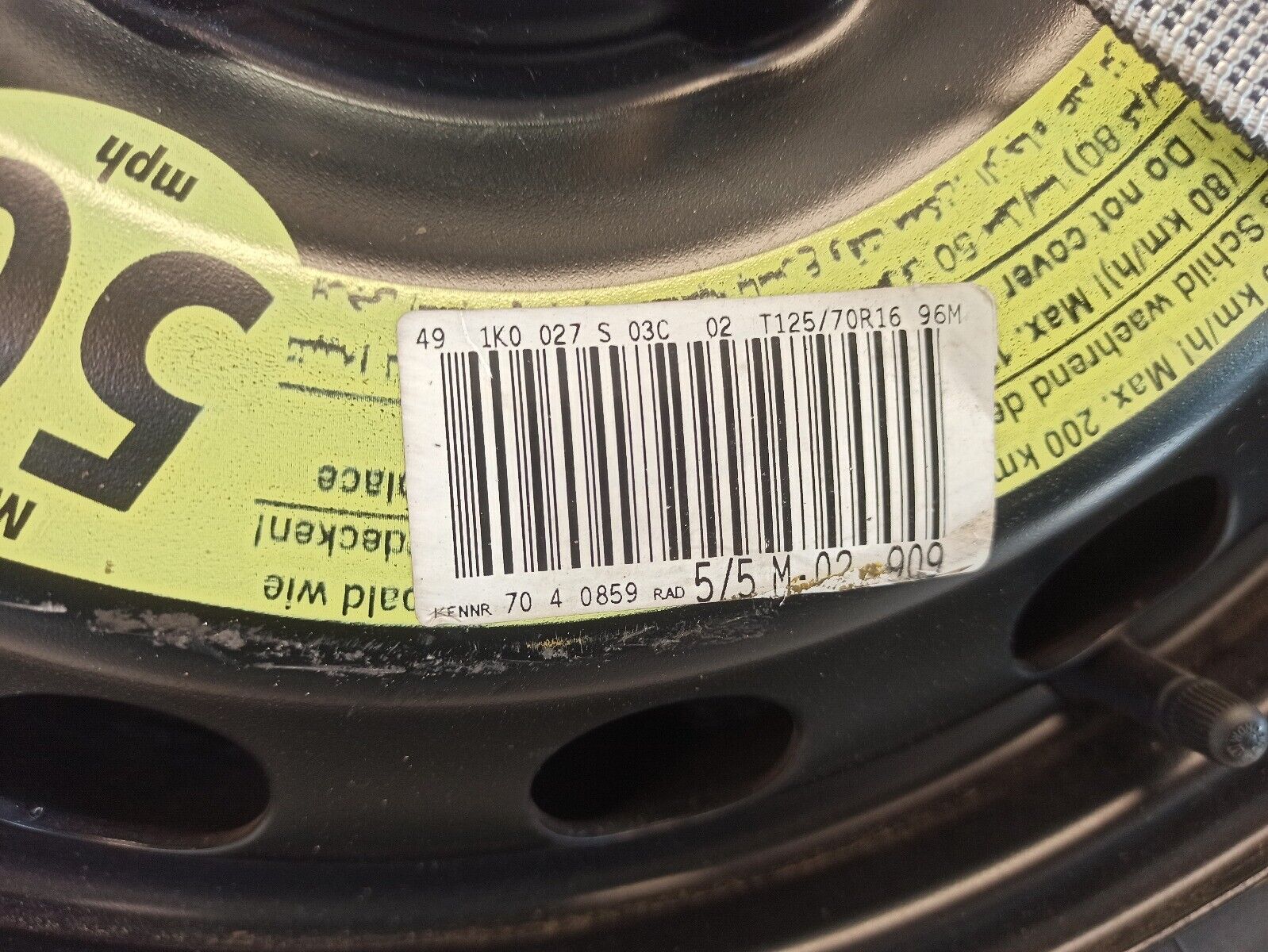 2012-2017 VW Golf MK6 16 Inch Spare wheel And Jack Kit T125/70D16 96M - Image 10